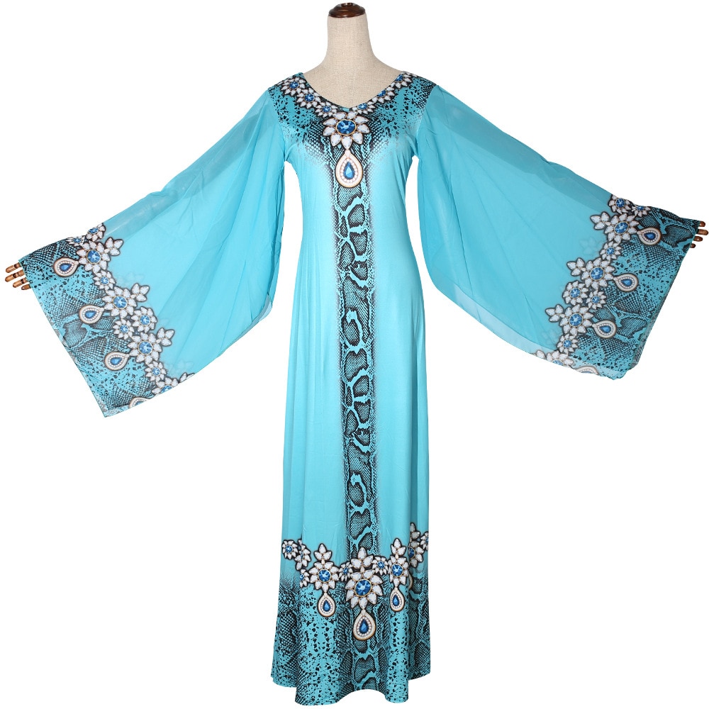 Printet maxi kjole med flare ærmer afrikansk kjortel dashiki ramadan kaftan løse kjoler abaya vkdr 2045
