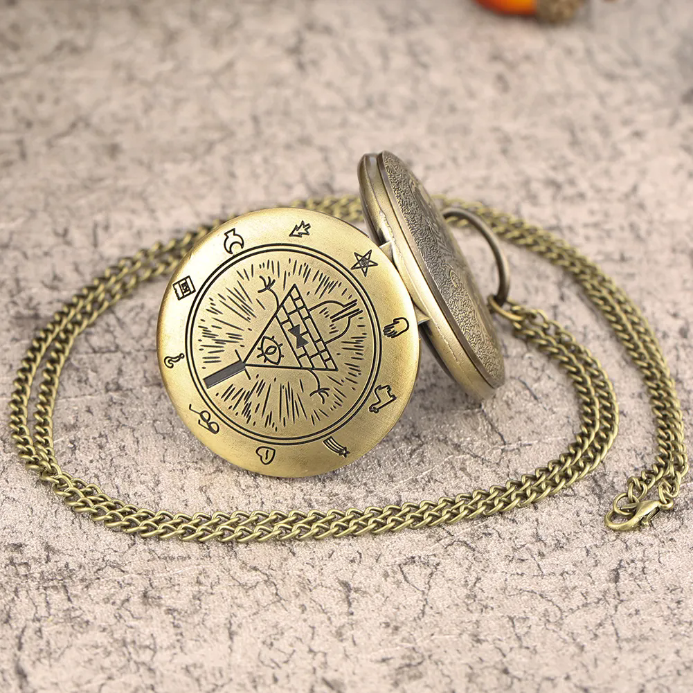 Retro Bronze Necklace Jewelry Chain Clock Quartz Analog Steampunk Bill Cipher Gravity Falls Pocket Watch For Men
