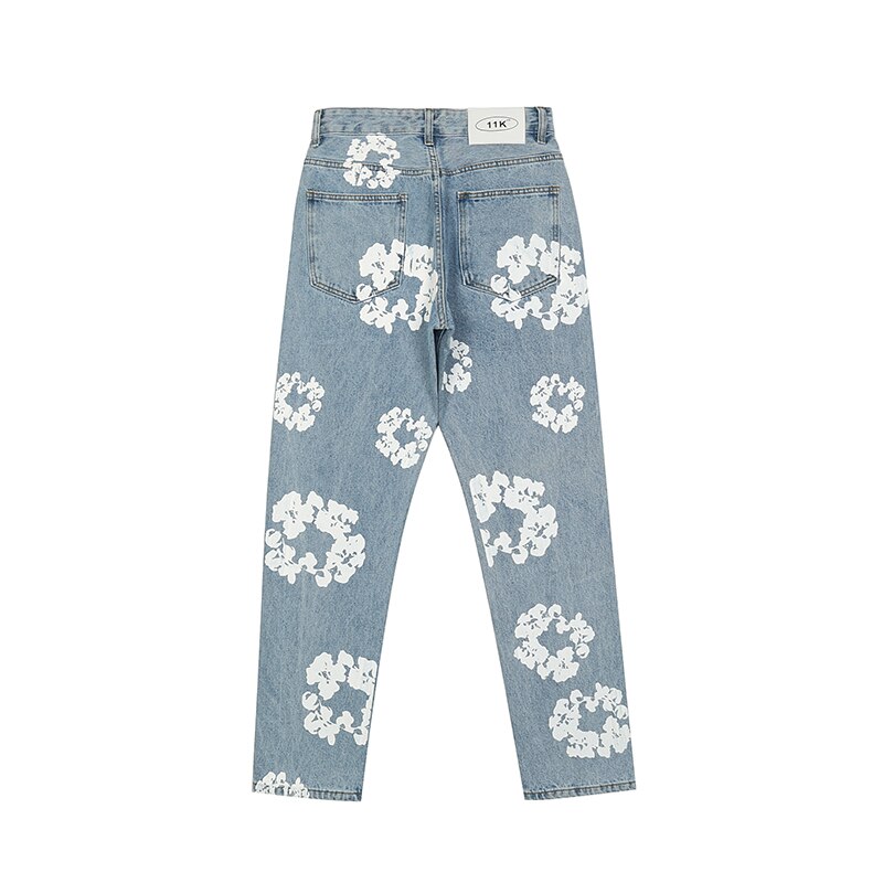 Harajuku – jean droit déchiré surdimensionné pour homme, pantalon en Denim, imprimé pleine fleur, Style Vibe, décontracté, Patchwork
