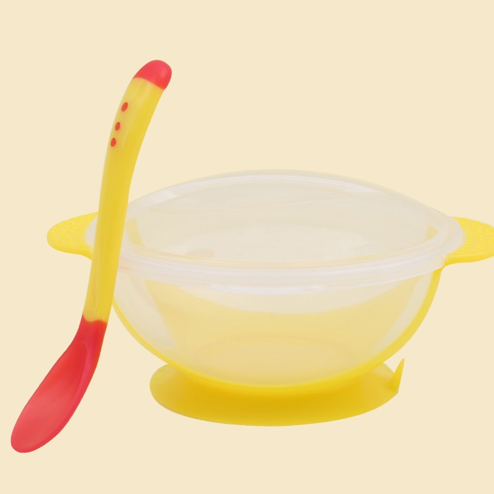 Temperature Sensing Feeding Spoon Child Tableware Food Bowl Learning Dishes Service Plate/Tray Baby Dinnerware Set: YELLOW