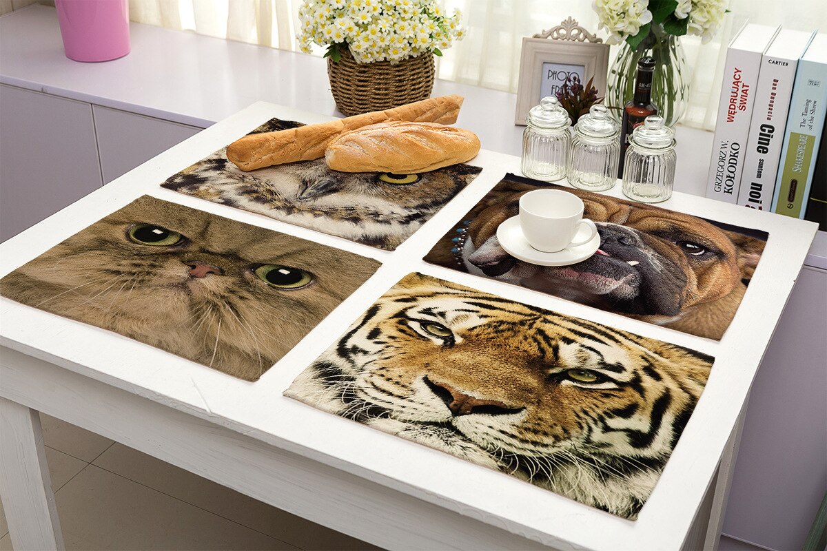 Cotton Linen Art Food Placemat for Dining Table Animal Face 3D Printing Kitchen Accessories Cup Coaster Cat Dog Desgin Mat