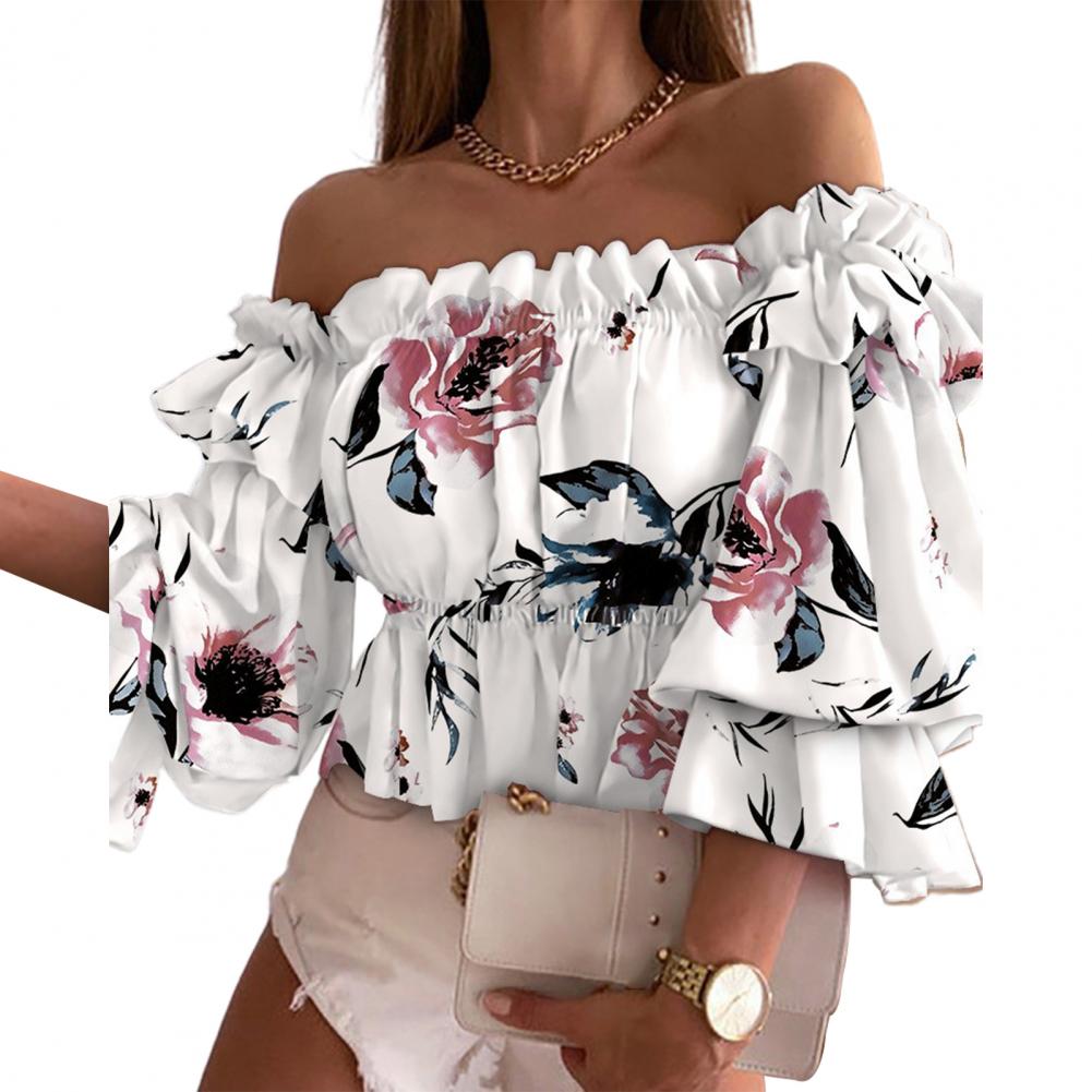 Sexet sommertop med flare-ærmer og off-shoulder-fløjlsskjorte med blomsterprint og let skjorte til hverdagsbrug