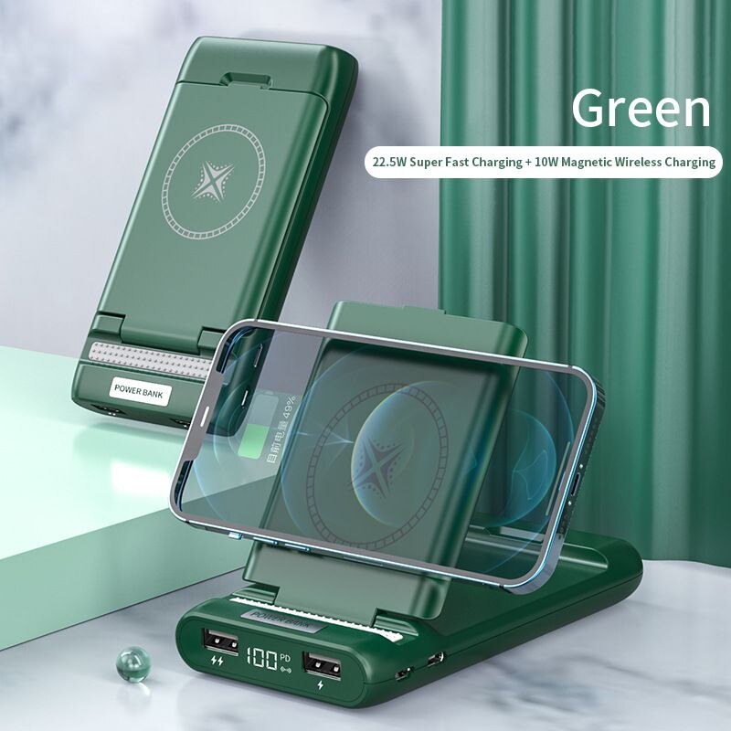 PINZHENG – batterie externe Portable 10000mAh, 22.5W, charge rapide sans fil, pour iPhone, Powerbank 10W: Green 10000mAh