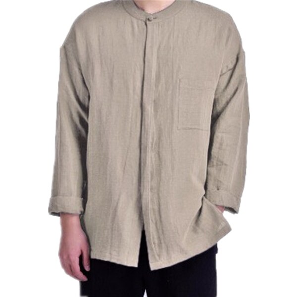 Chinese Style Kung Fu Clothes for Men Tang Suit Retro Long Sleeve White Solid Mandarin Collar China Shirt Top Hanfu: Khaki / L