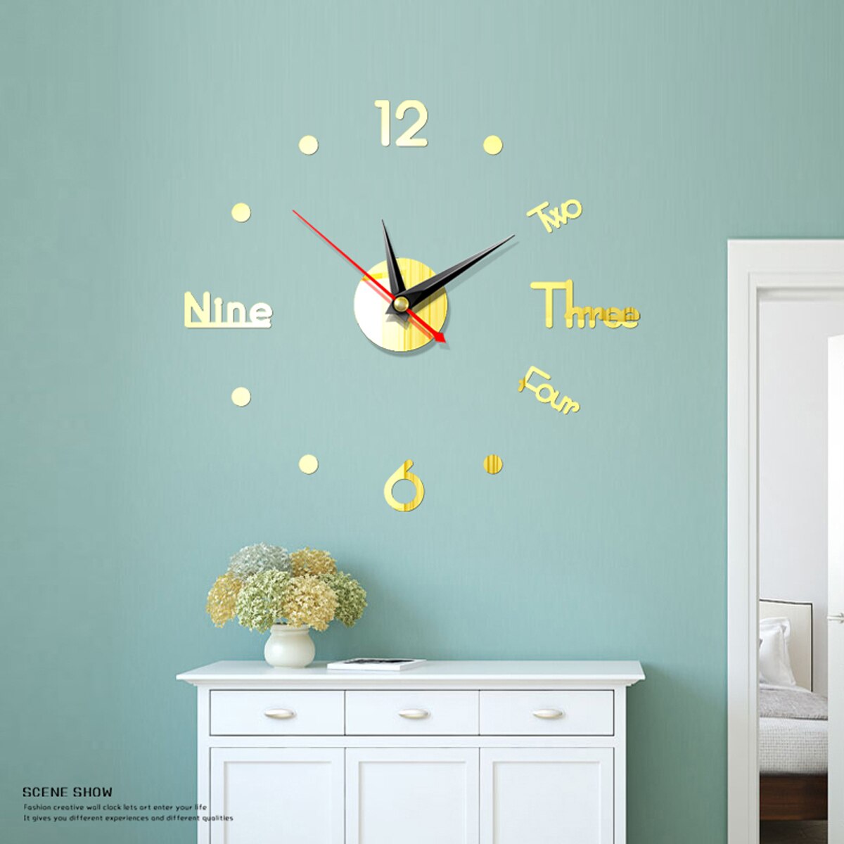 Mirror Sticker Clock Number Shape Wall Clock Posters Solid Color Living Dining Room Modren