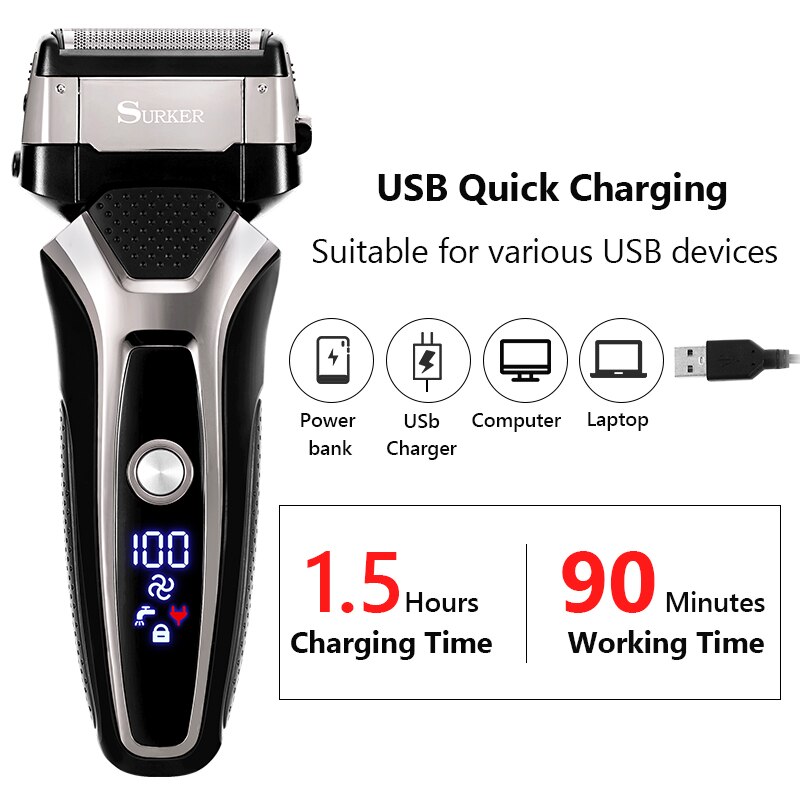 Usb Oplaadbare Elektrische Scheerapparaat Rvs Scheren Machine Mannen 3D Triple Drijvende Scheermes Scheerapparaat Kapper Trimmer