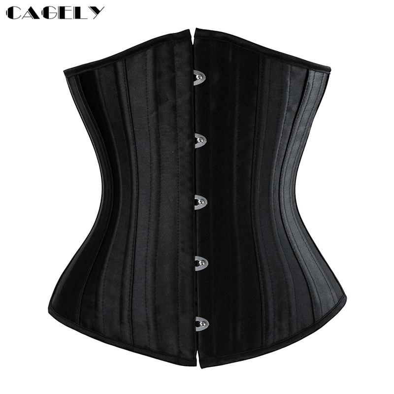 24 Steel Boned Satin Waist Trainer Cincher Underbust Corset Top Underneath Lace-up Bustier Tummy Slim Shapewear Sexy Lingerie: Black / XXS