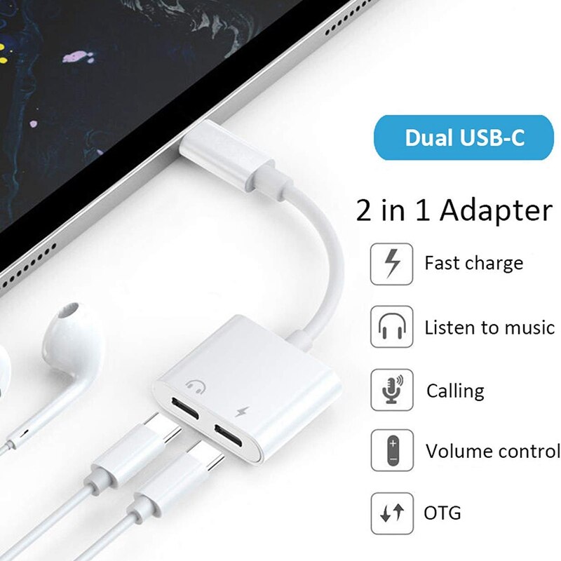2 In 1 Dual Type C Hoofdtelefoon Adapter Usbc Splitter Jack Aux Audio Opladen Converter Voor Huawei Samsung Xiaomi