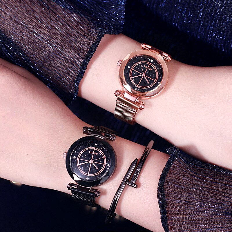 Dames Horloges Vrouwen Luxe Strass Sterrenhemel Sport Quartz Horloge Vrouwen Blauw Waterdichte Zwarte Armband Horloge