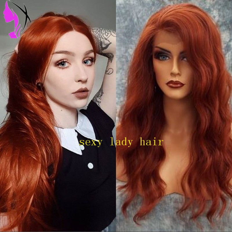 Long Curly Auburn Copper Red Synthetic Lace Front Wig Free Part High Temperature Fiber Hair Deep Wave Wig For Women