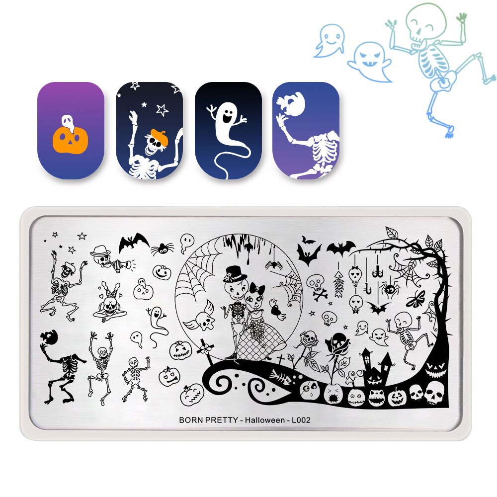 Geboren Pretty Stamping Plates Kit Xmas Bloemen Rvs Nail Art Stencil Nail Stempel Template Nail Accessoires 5 Stks/set: Halloween L002