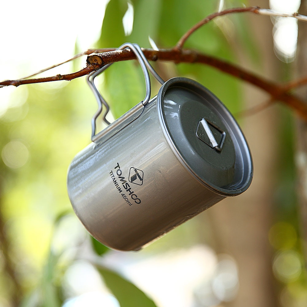 Tomshoo 450Ml Titanium Cup Water Cup Mok Met Deksel Opvouwbare Handvat Titanium Vouwen Lepel Spork Outdoor Draagbare Camping Picknick
