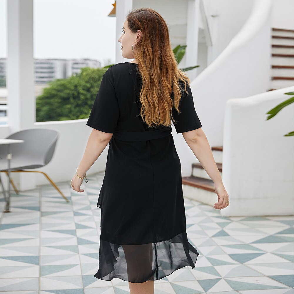 Vestido Midi informal de manga corta para mujer, vestido negro con cinturón, Túnica, cuello redondo, tallas grandes, verano