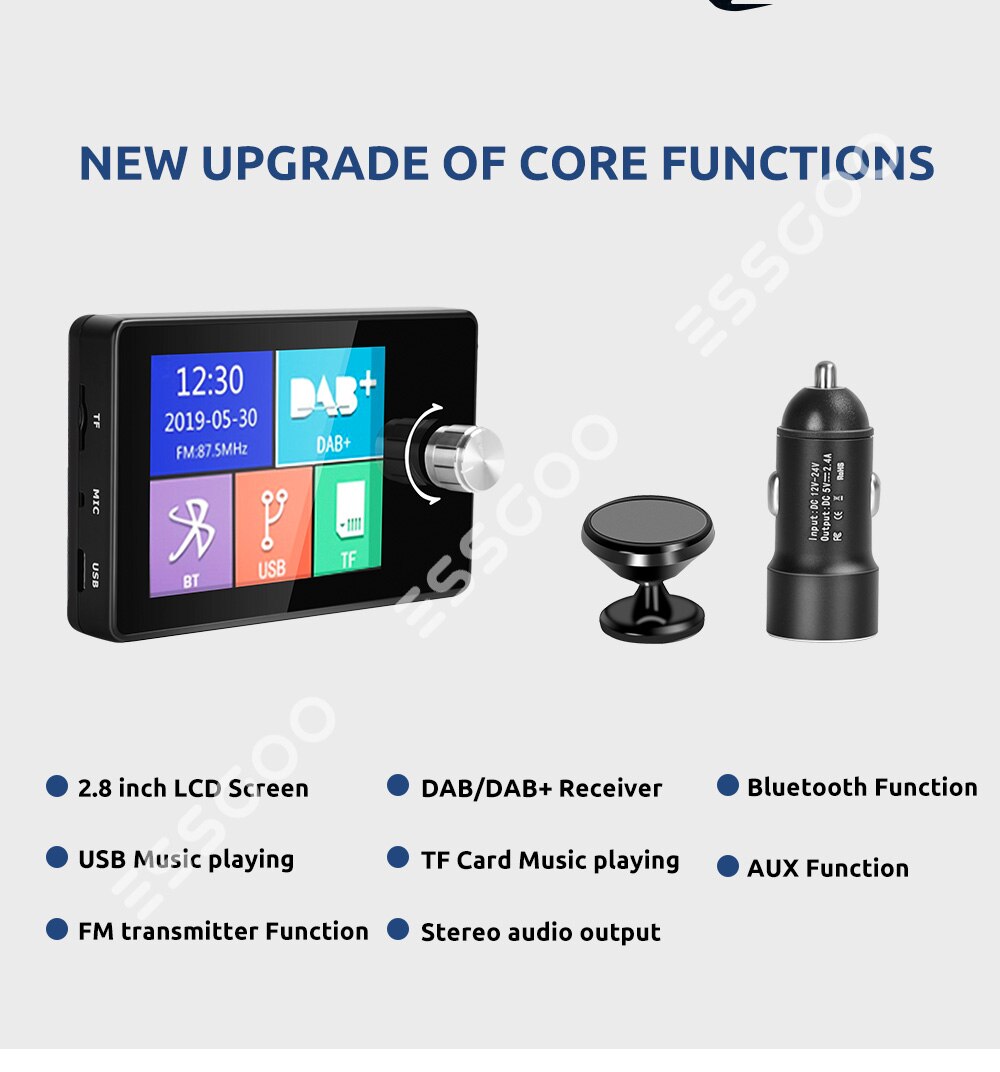 Essgoo 2.8 Inch Auto Dab Dab + Auto Radio Adapter Bluetooth Draadloze Fm-zender Receiver Extension Antenne Universele Voor Europa