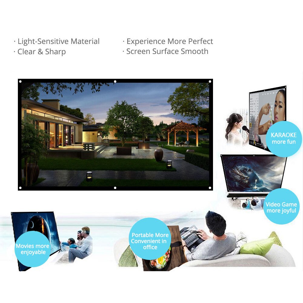 H100 100'' Portable Projector Screen HD 16:9 White Dacron Diagonal Video Projection Screen Wall Mounted for Home Theater Office