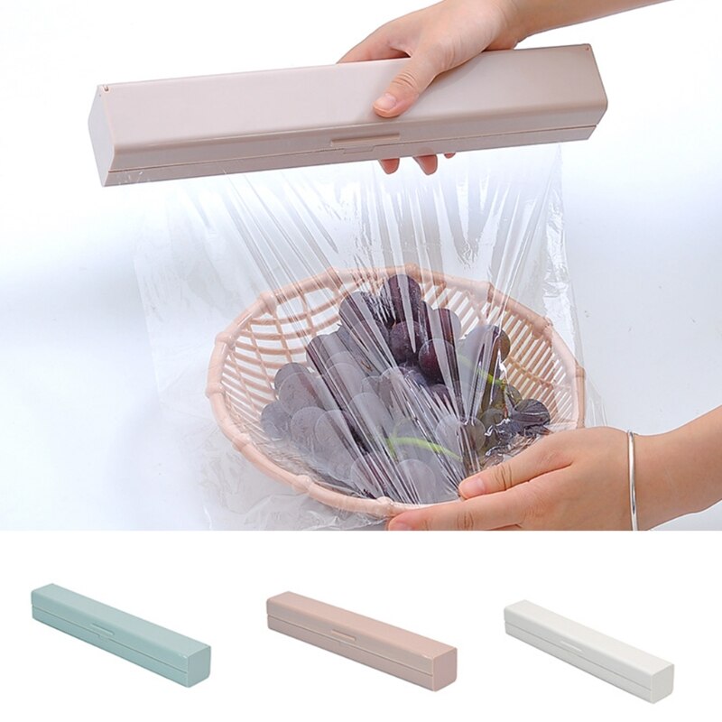 Rectangle Cling Wrap Storage Box with Cutter Plastic Wrap Dispenser 72XF