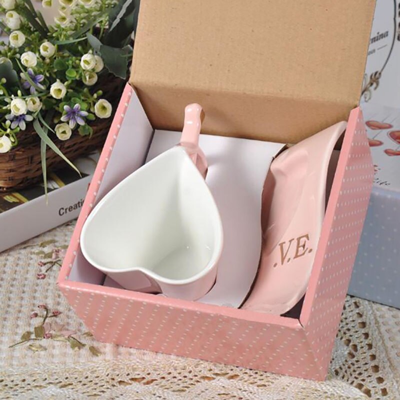 LOVE Heart Shape Lover Coffee Mug Ceramic Milk Mug with Plate Couple's Morning Tea Cup Office Water Cup for Girls
