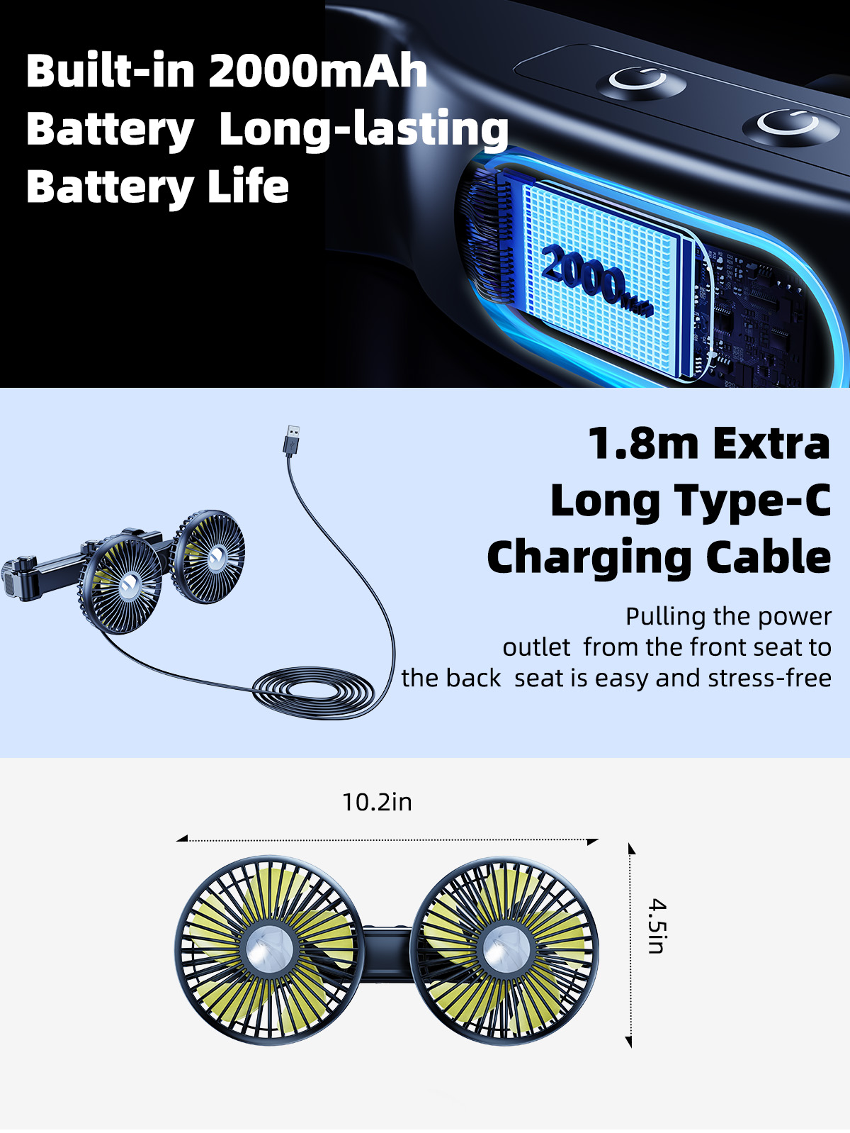 Eary-ventilador de doble cabezal para coche, soporte para reposacabezas del asiento trasero, carga USB, brazo largo, ajustable, viento de 3 velocidades, potente ventilador de refrigeración de aire