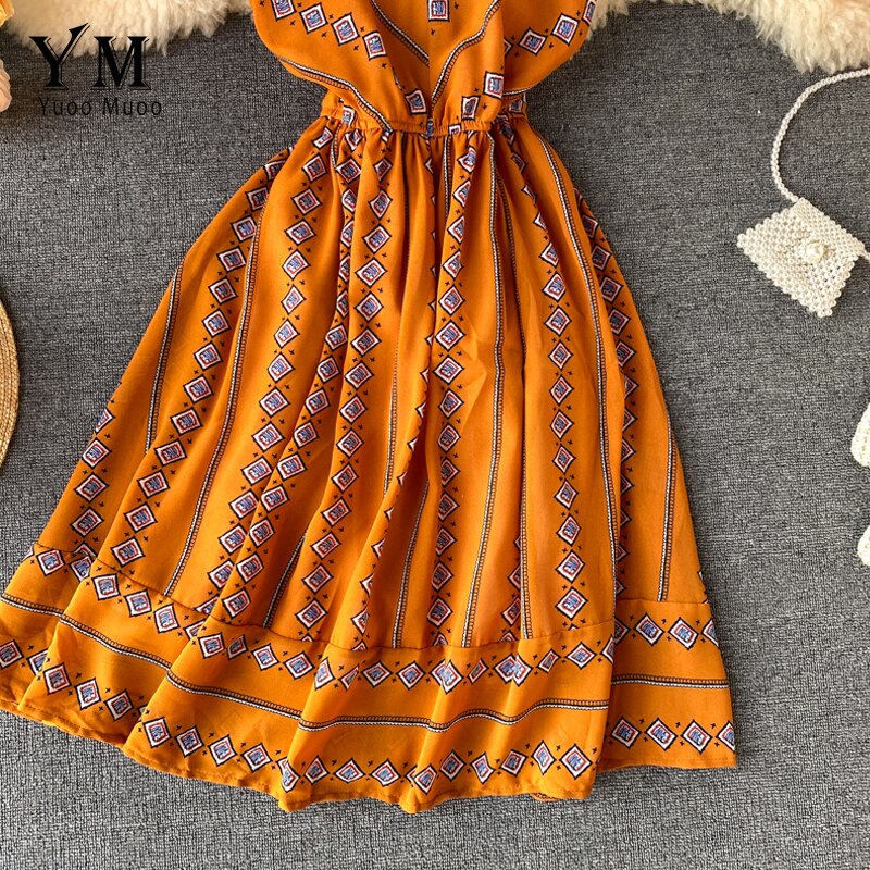 Yuoomuoo Vrouwen Boho Print Jurk Zomer V-hals Backless Bandage Strand Chiffon Jurk Vrouwen Mode A-lijn Jurk Zonnejurk