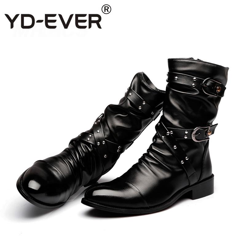 Botas de cuero con hebilla de cinturón para hombre, zapatos góticos con remaches de Metal, por debajo de la rodilla, para primavera y otoño, YD-EVER