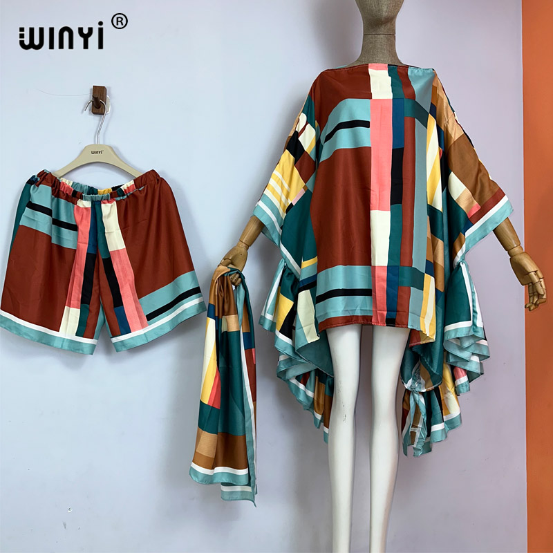 Winyi vardagskostym bohemisk strand boho tryck damshorts kostym strandöverdrag  up 3 -delat set för kvinnor: Grön
