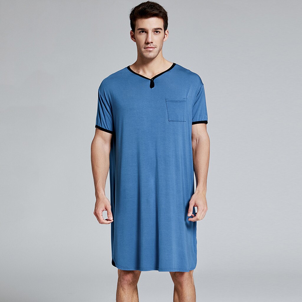 Men Sleepwear Long Nightshirt Short Sleeve Nightwear Night Shirt Soft Comfortable Loose Sleep Shirt Male Home Clothing#g3