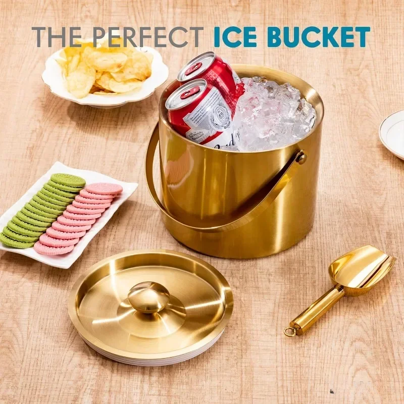3/4L Stainless Steel Insulated Ice Bucket Double Walled Beverage Tub Comfortable Carry Handle Ice Container Bar Beer Cooler