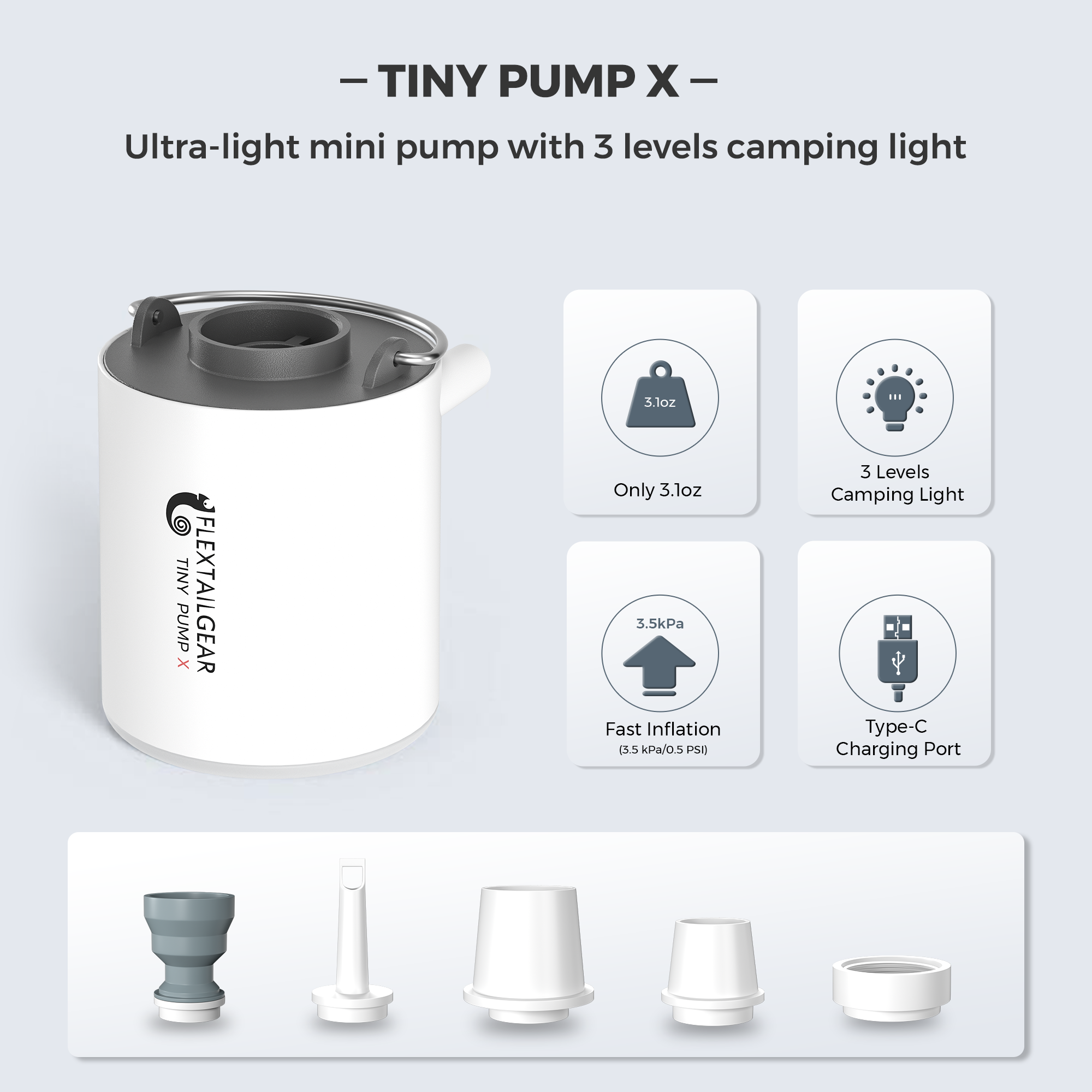 FLEXTAILGEAR TINY PUMP X - Portable Electric Air Pump with Camping Light Rechargeable for Pool Floats Air Mattress Vacuum Bags: Silver