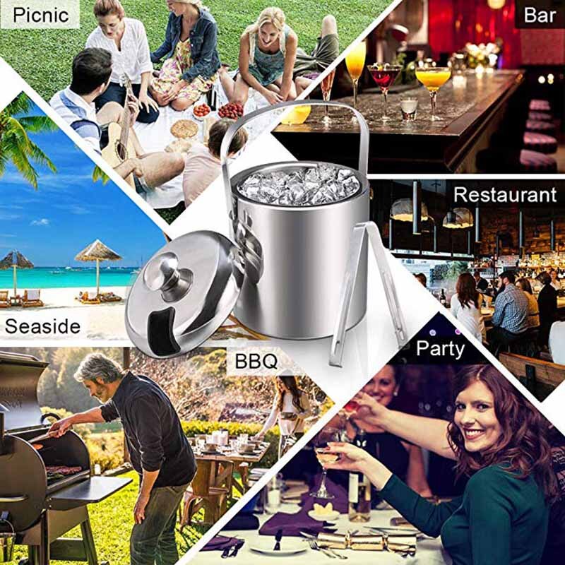 YMEEI 1.3L Ice Bar Bucket Stainless Steel Double Wall Ice Cube Container Champagne Bucket With Tongs Lid Home Bar Tool
