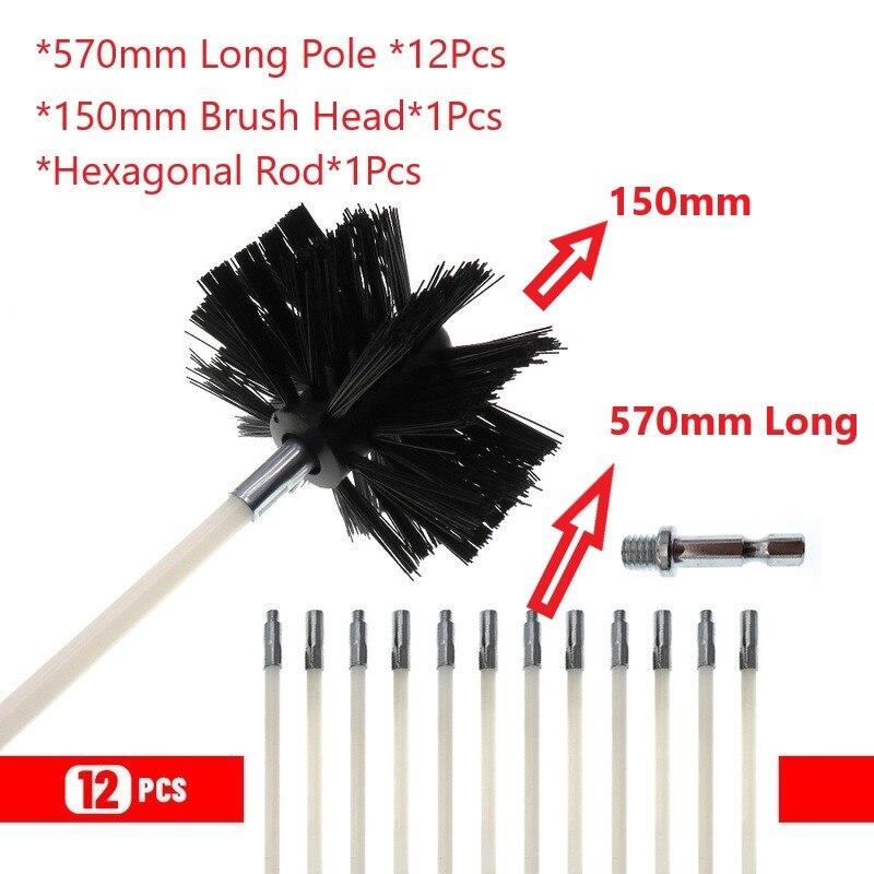 150mm Rotary Chimney Brush Long Handle Flexible Rod For Chimney, Dryer Pipe，Fireplace Inner Wall And Roof Cleaning Tools: 12Pcs 570mm Pole