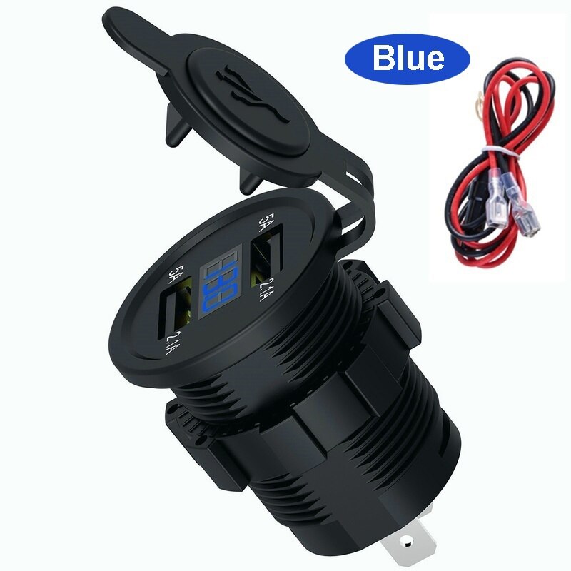 Dual Usb Lader Sigarettenaansteker Stopcontact 4.2A Met Voltmeter & Draad In Lijn 10A Zekering Voor 12-24V Auto Boot Motorfiets: blue