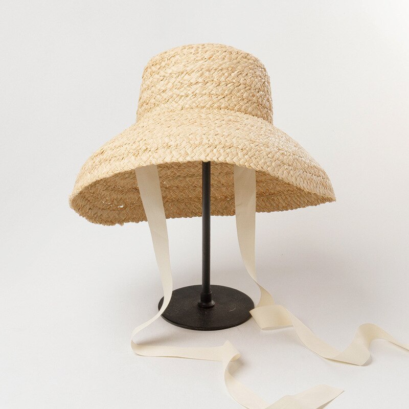 Sommarhattar för kvinnor retro platt hängande hatt brätte handgjord raffia stråhatt dam utomhus solskydd strand halmhatt: Vit rem