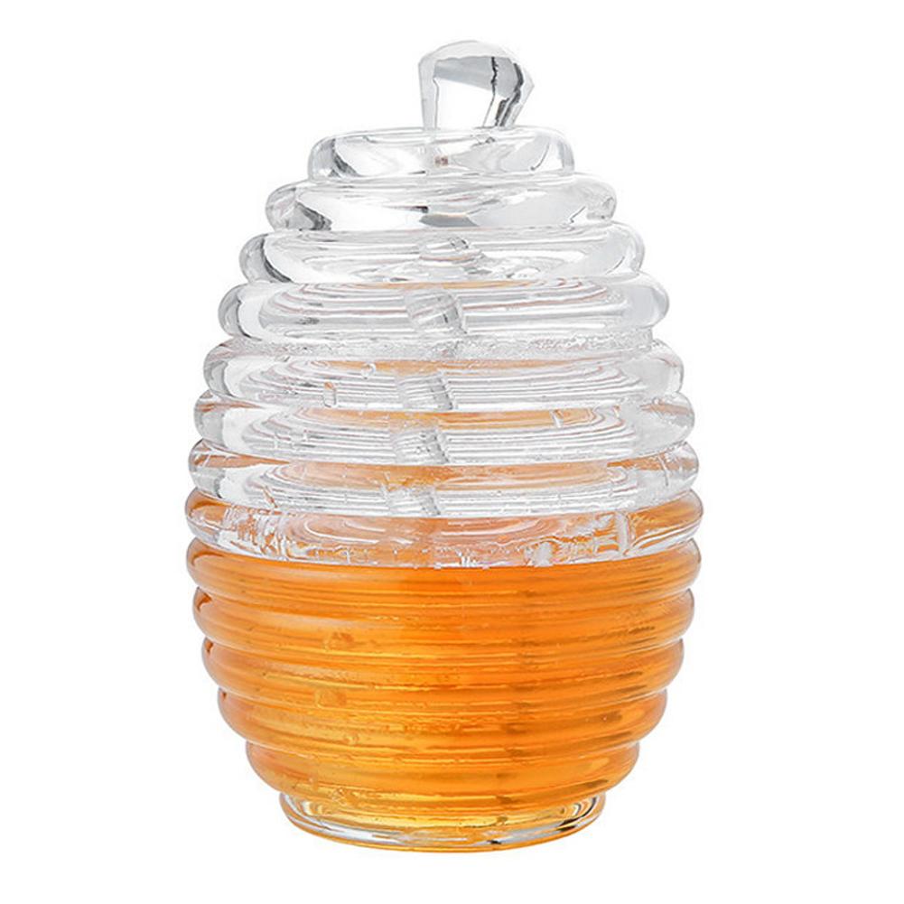 Pot à miel en verre Transparent en forme de ruche de 265ml, Pot à roulettes avec bâton d'égouttage pour stocker et distribuer le miel