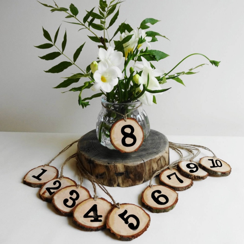 10pcs Round Natural Wood Log Slice Tree Bark 1-10 Table Numbers For Wedding Centerpiece Hanging Decor