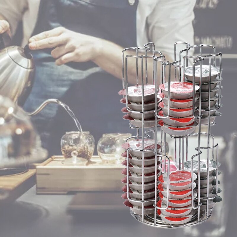 Coffee Capsule Rack Holder Carousel Holds 64 Capsules Modern Stainless Steel Rotatable Storage Organizer Display Stand