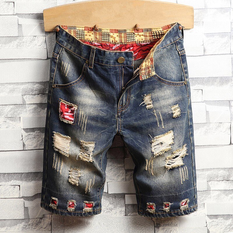 Sommar herr hål slitna jeansshorts japan stil vintage knälånga jeans personlighet patchwork korta jeansbyxor: 32