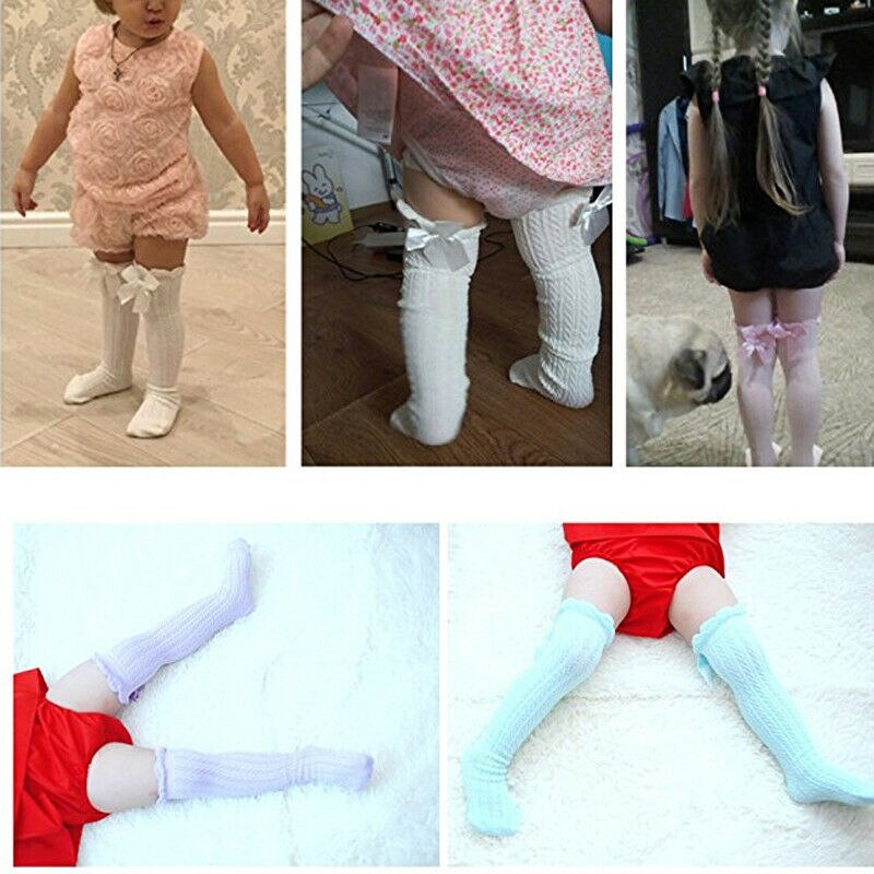 Chaussettes longues en coton pour bébés filles | À volants, hauteur des genoux, chaussettes décontractées, couleur solide, , doux, respirant, nœuds, automne