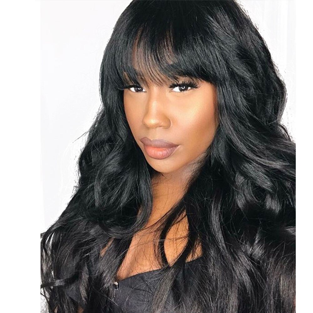 Black Long Straight Wig With Bangs Synthetic Hair Wigs With Natural Part For Woman Black 1B Heat Resistant Fiber Wigs