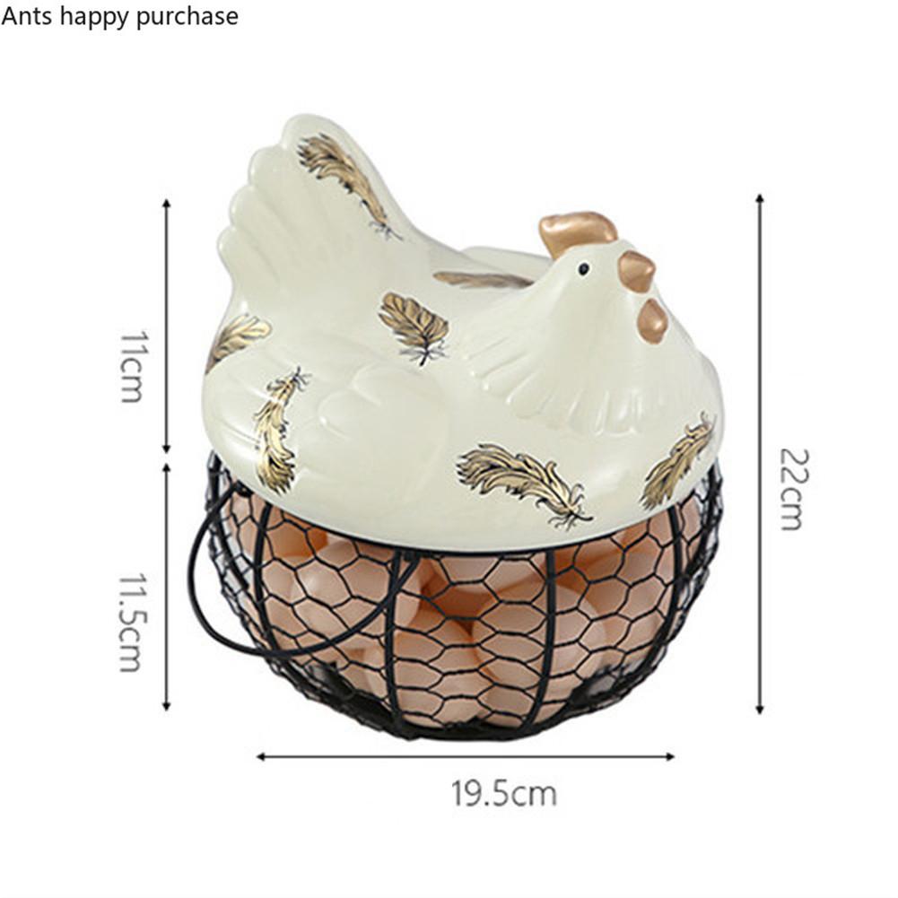 Country Farm Style Metal Wire Egg Storage Basket With Ceramic Chicken Top Handles Fruit Snacks Organizer Kitchen Decoration
