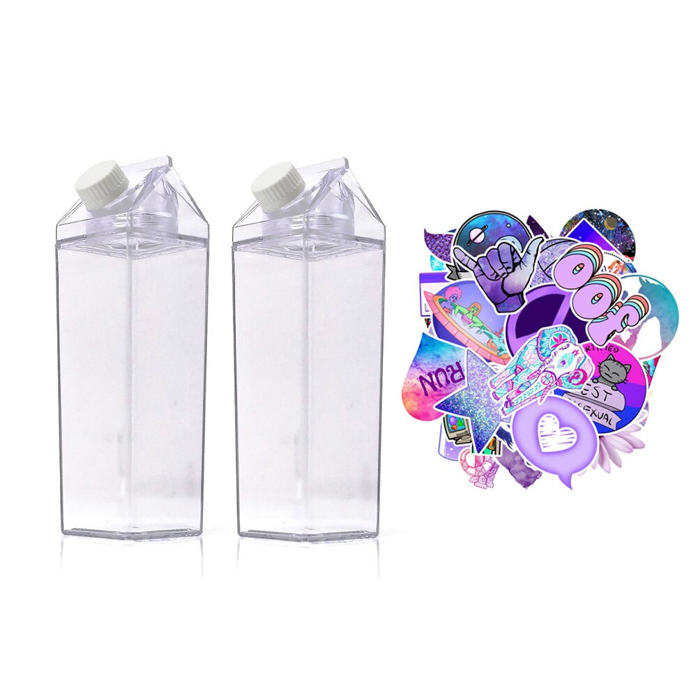 Melk Karton Water Fles 17Oz/34Oz Meisje Vsco Bpa Gratis Plastic Clear Vierkante Dozen Voor Vrouwen 2 stuks Met 50 Stuks Stickers: 500-1000ml / CHIC STICKERS