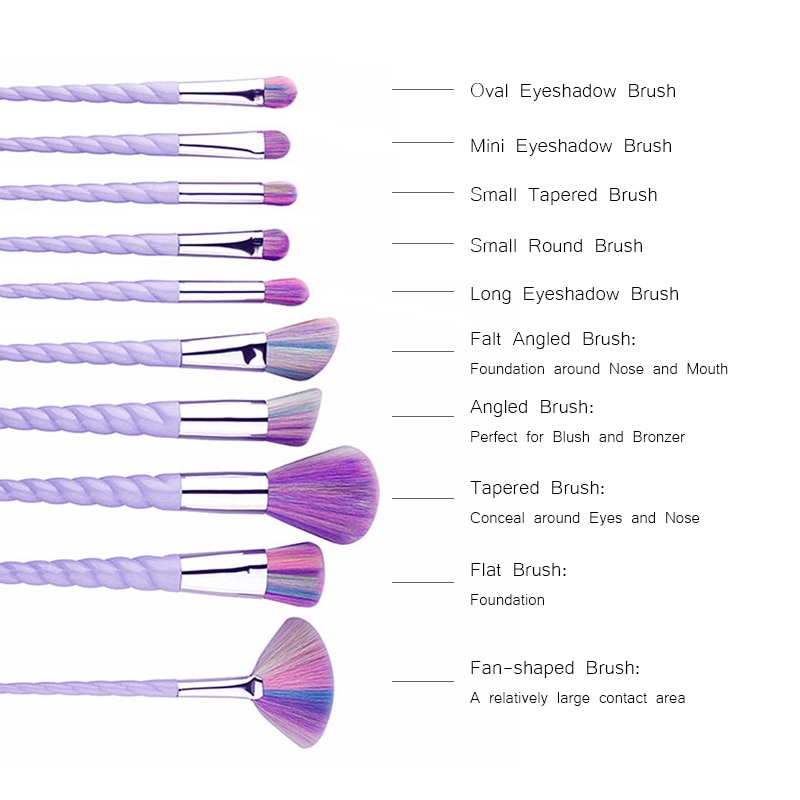 Ensemble de 10 pinceaux de maquillage licorne pour fond de teint, poudre, fard à paupières, sourcils, outils cosmétiques