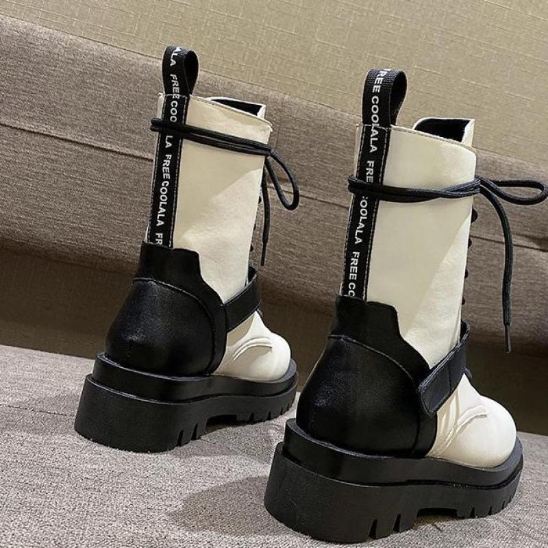 Mid-calf støvler komfortable sko elegante snøre platform støvler efterår all-match britisk vind pu læder kvinde krydsbundet