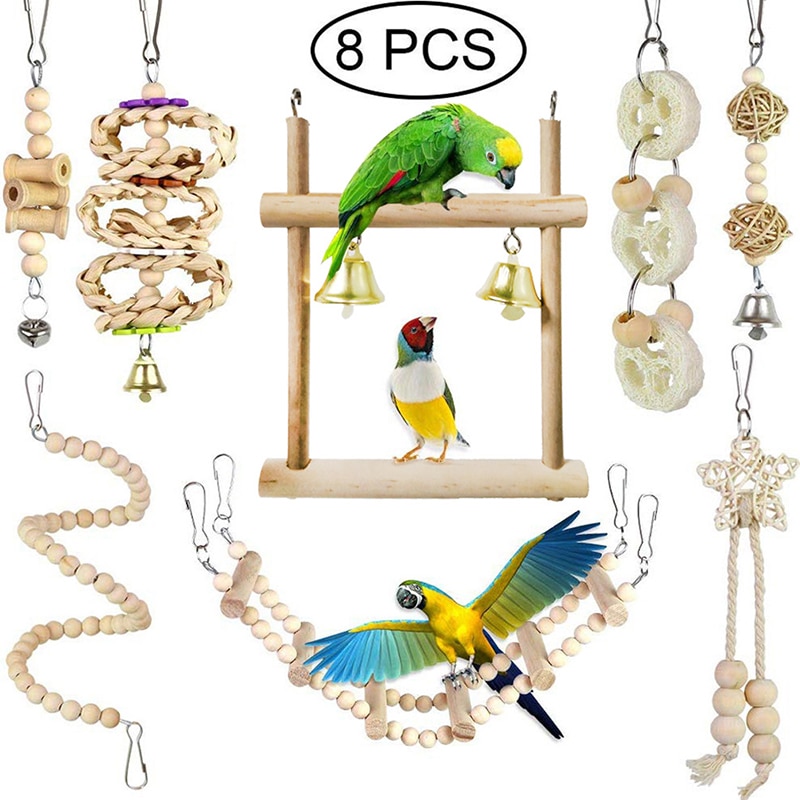 8 Packs Vogel Papegaai Swing Opknoping Speelgoed, natuurlijke Hout Bel Vogelkooi Speelgoed Voor Papegaaien Parkieten Valkparkieten Vinken Budgie Papegaaien