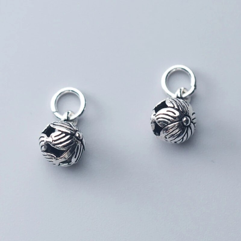 Vintage 925 Sterling Silver Round Flower Ball Charms DIY Women Jewelry Making 8mm Handcraft Hanging Silver Pendants Findings