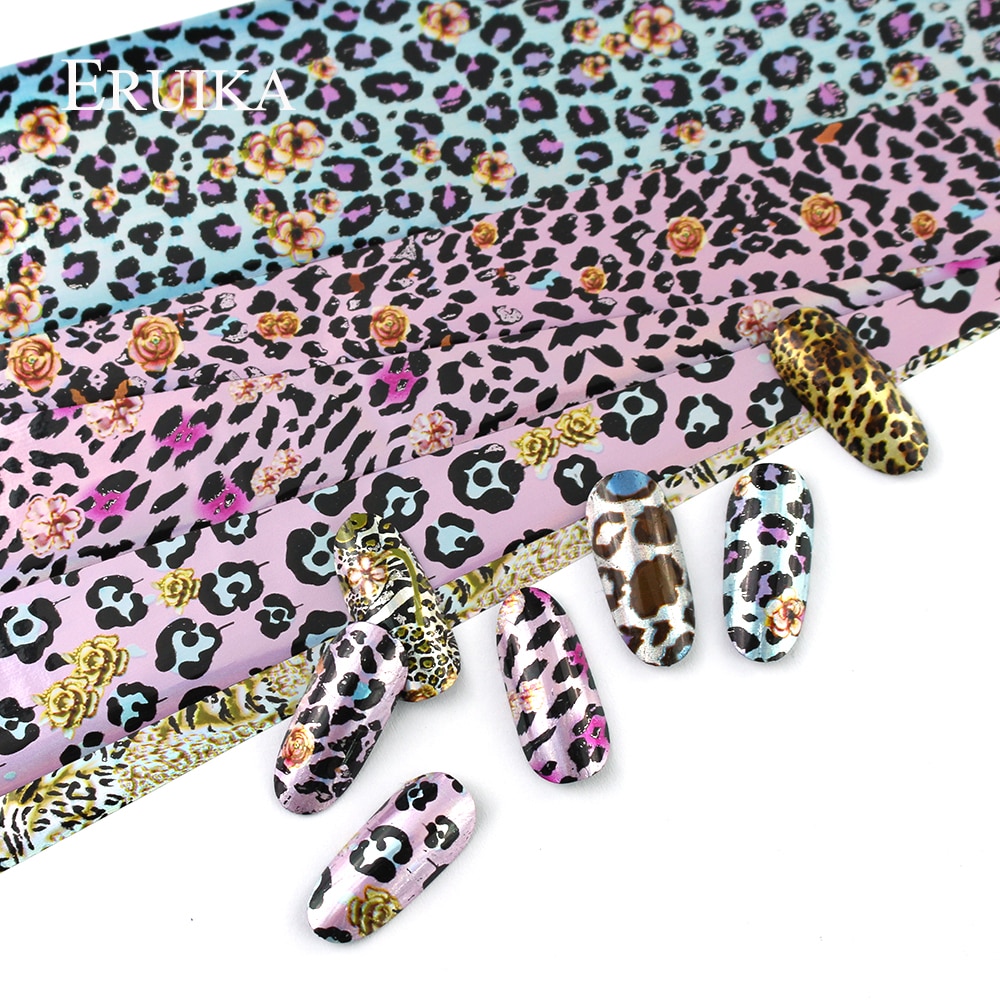 ERUIKA 16 pcs Kleurrijke Luipaard Folies Holografische Transfer Folie Wraps Manicure Decor Decals Sticker Starry Papier Set Nail Art Tips