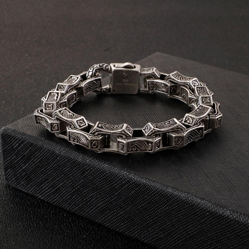 Fontten årgang gravering firkantet armbånd menn rustfritt stål svart mansjett punk boks lenke kjede tilpasset armbånd mann smykker