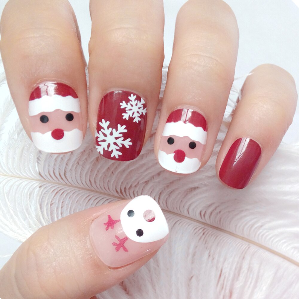 Faux ongles courts artificiels de noël, rouge vin, pour manucure, avec motifs, joli cerf de neige, couverture complète bricolage-même, 24 pièces: Z104