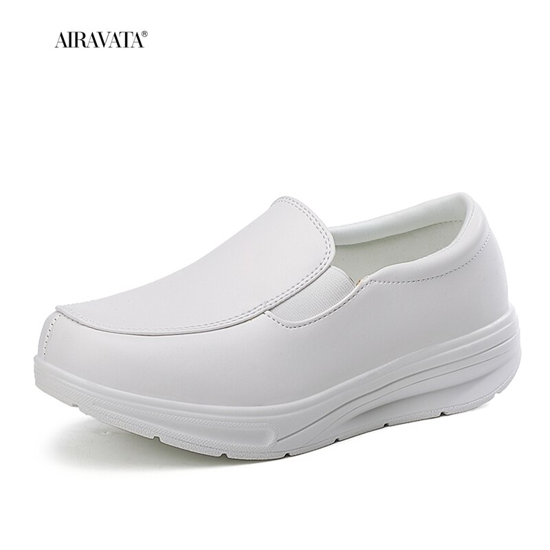 Womens Soft Leather Walking Shoes with Low Heels Slip On Casual Flat Women Soft Nurse Shoe: White / 40