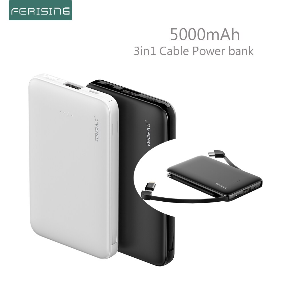 Ferising Met Ingebouwde Kabel Power Bank 5000Mah Usb Type C Draagbare Oplader Powerbank Externe Batterij Opladen Voor Iphone xiaomi