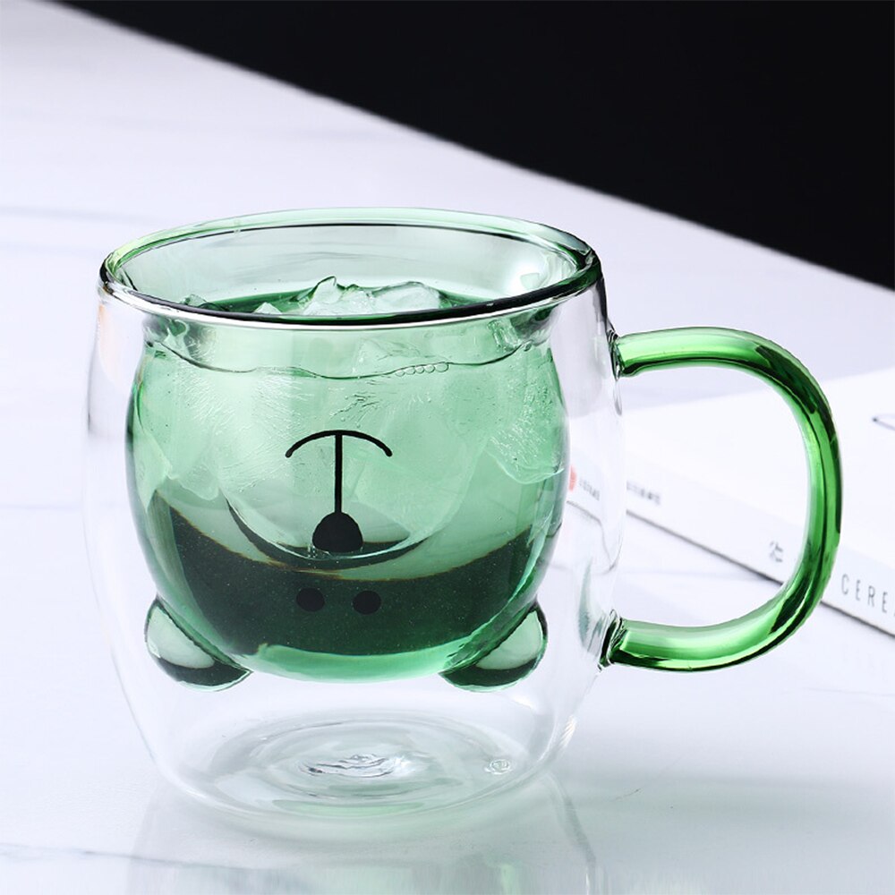Inverted Bear Face Glass Double Glass Panda Dog Animal Double Glasses Coffee Cup Christmas Cup Birthday Cute Milk Tea Cup: Emerald